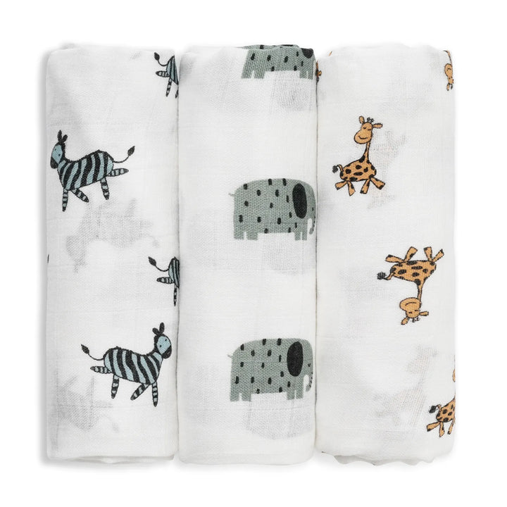 Set of three muslin swaddle blankets featuring cute animal prints with zebras, hippos, and giraffes. Soft and breathable, perfect for newborns and little kids.