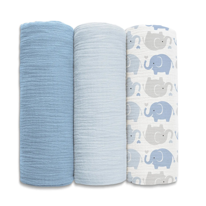 3-pack premium muslin swaddle blankets in blue and white with elephant print, featuring soft breathable cotton fabric for newborns