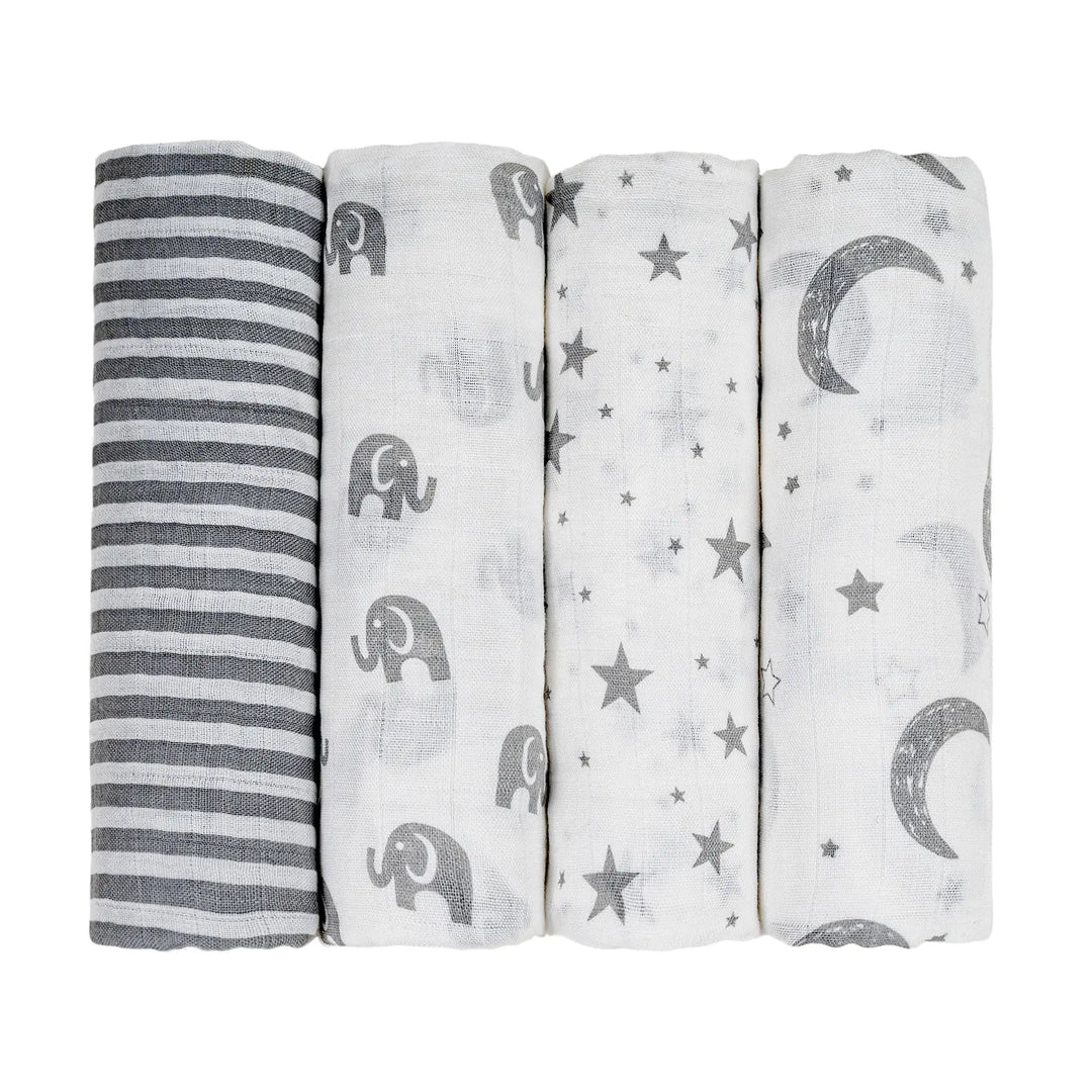 Set of four rolled baby muslin swaddle blankets in different patterns: gray stripes, elephants, stars, and moon designs. Soft and breathable, ideal for newborns and infants.