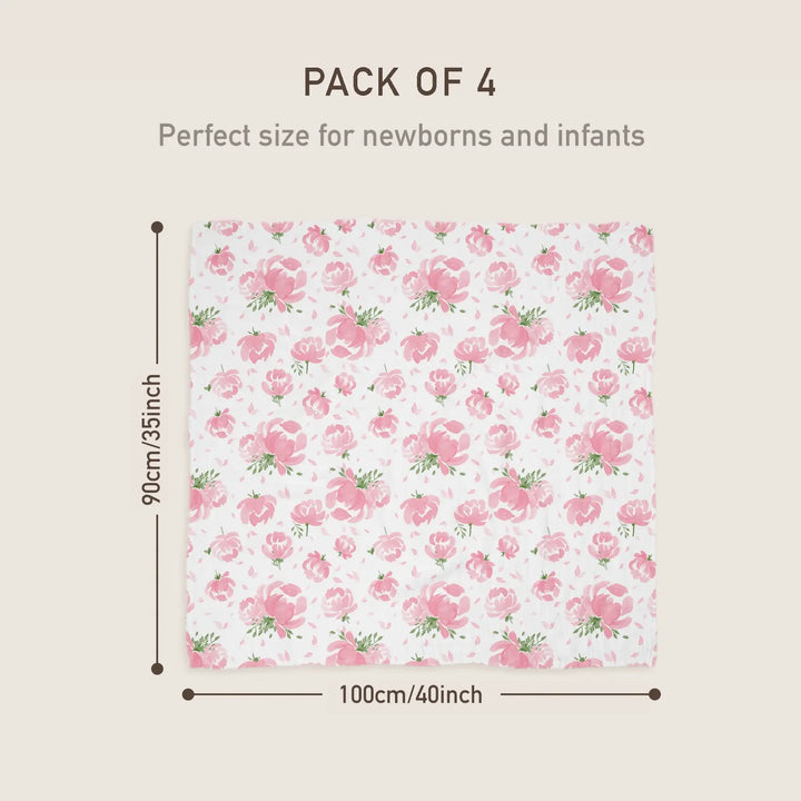 Pack of 4 floral muslin swaddle blankets with pink flowers, measuring 100cm x 90cm (40 inches x 35 inches). Perfect size for newborns and infants.