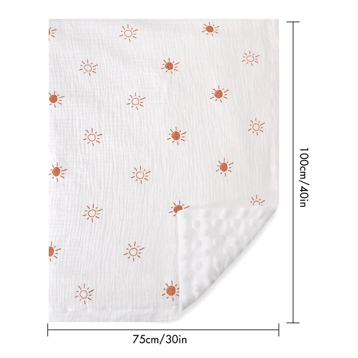 Minky baby blanket with a playful sun print design shown with dimensions of 100cm x 75cm, perfect for newborns, infants, and toddlers.