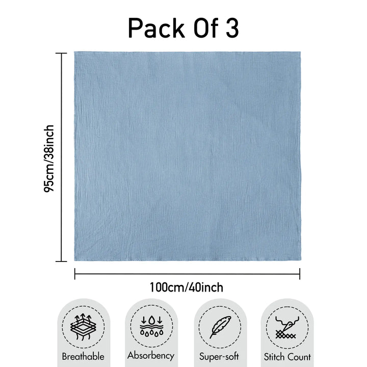 Muslin swaddle blanket size guide showing 95x100cm dimensions with breathable, absorbent, super-soft fabric and stitch count features