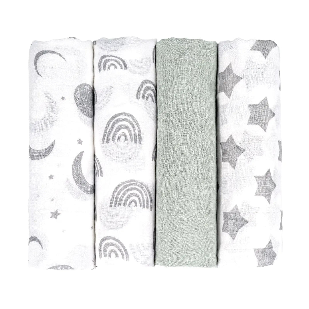 Set of four neutral-colored muslin swaddle blankets with moon, rainbow, solid green, and star patterns. Soft and breathable, ideal for newborns and infants.