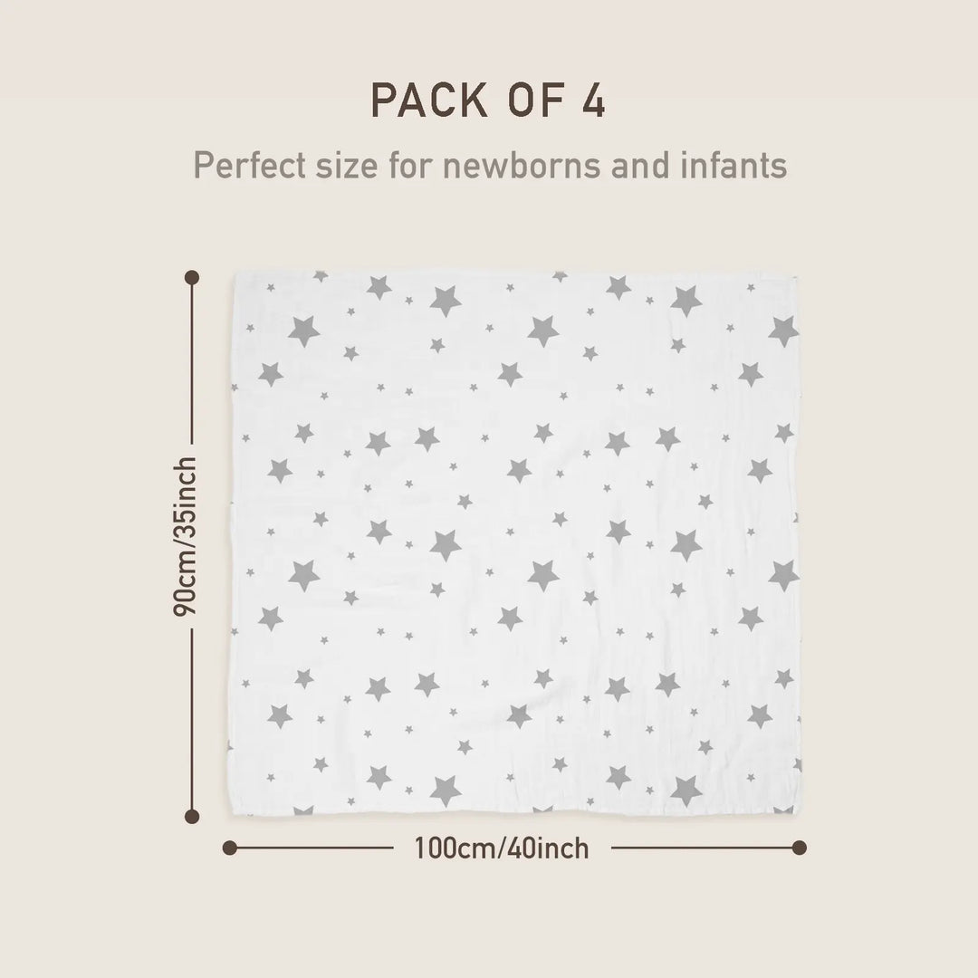 Pack of 4 soft swaddle blankets for newborns and infants, featuring a star pattern design. Each blanket measures 100cm x 90cm (40 inches x 35 inches), perfect size for babies.