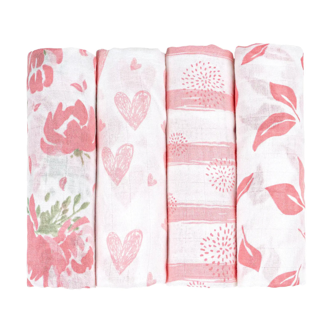 Set of four pink muslin baby swaddle blankets with floral, heart, striped, and leaf patterns. Soft and breathable, ideal for newborns and infants.